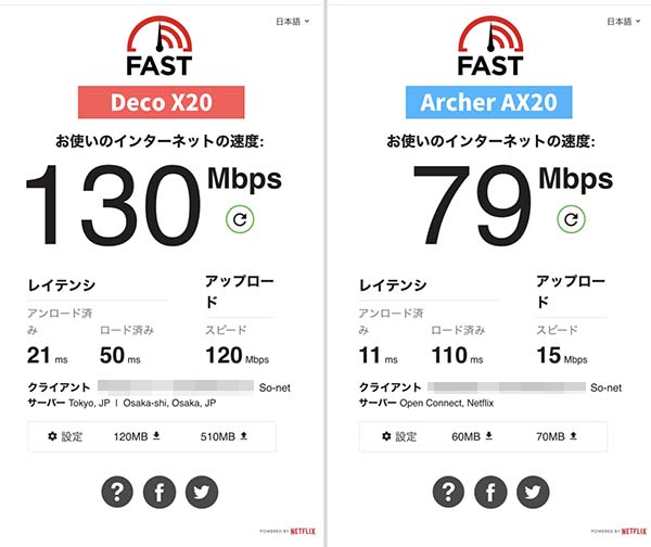 寝室（2階）での通信速度比較