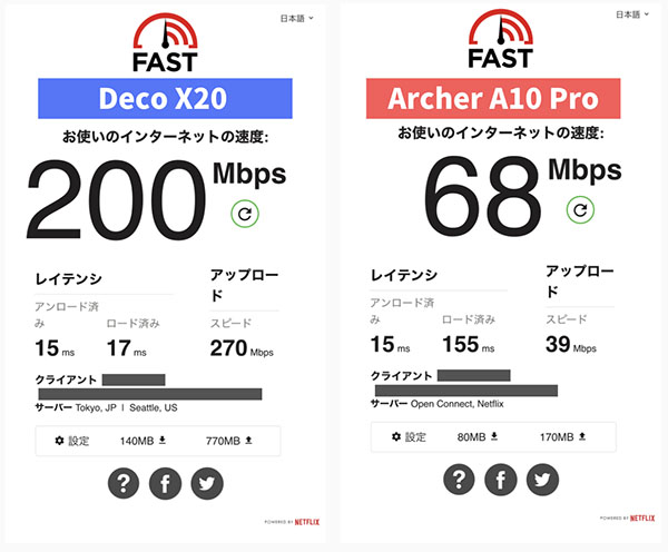 リビング（1階）での通信速度比較