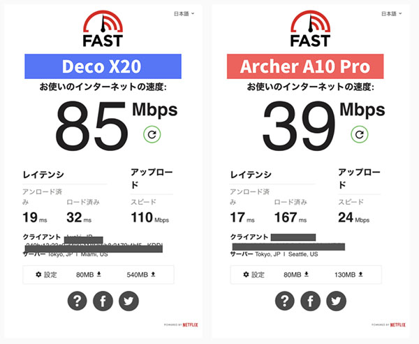 寝室（2階）での通信速度比較